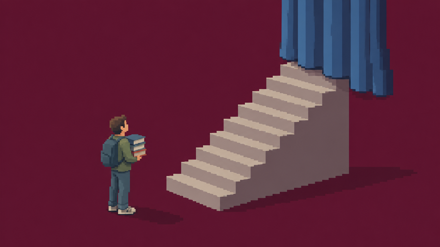 Onduidelijke loopbaan en salarispaden: een ICT'er met studieboeken aan de voet van een trap waarvan de bovenste treden achter een gordijn verdwijnen.